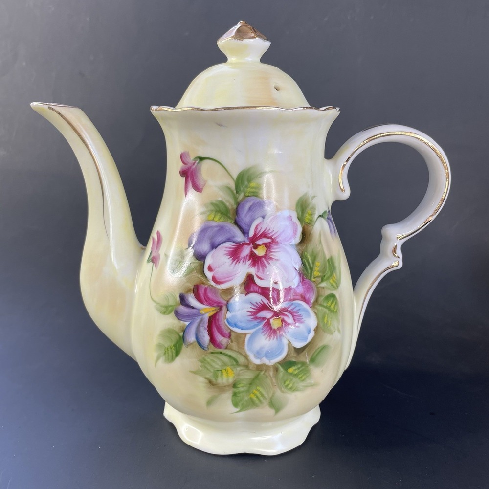 Vtg Norleans Teapot Hand‎ Painted Floral Gold Trim Green & Yellow 8 1/2" Japan